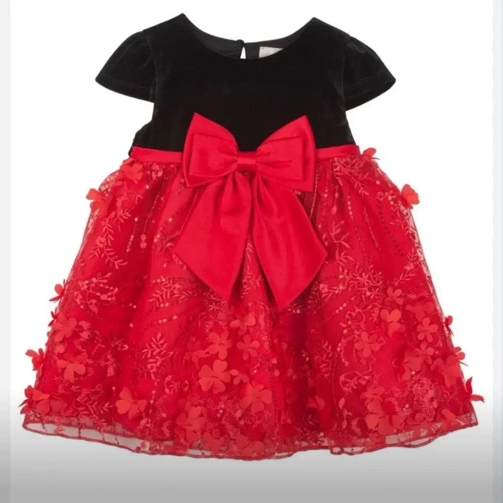 NWT Rare‎ Editions Baby Girl Velvet Cap Sleeve 3D Sequin Social Dress Christmas